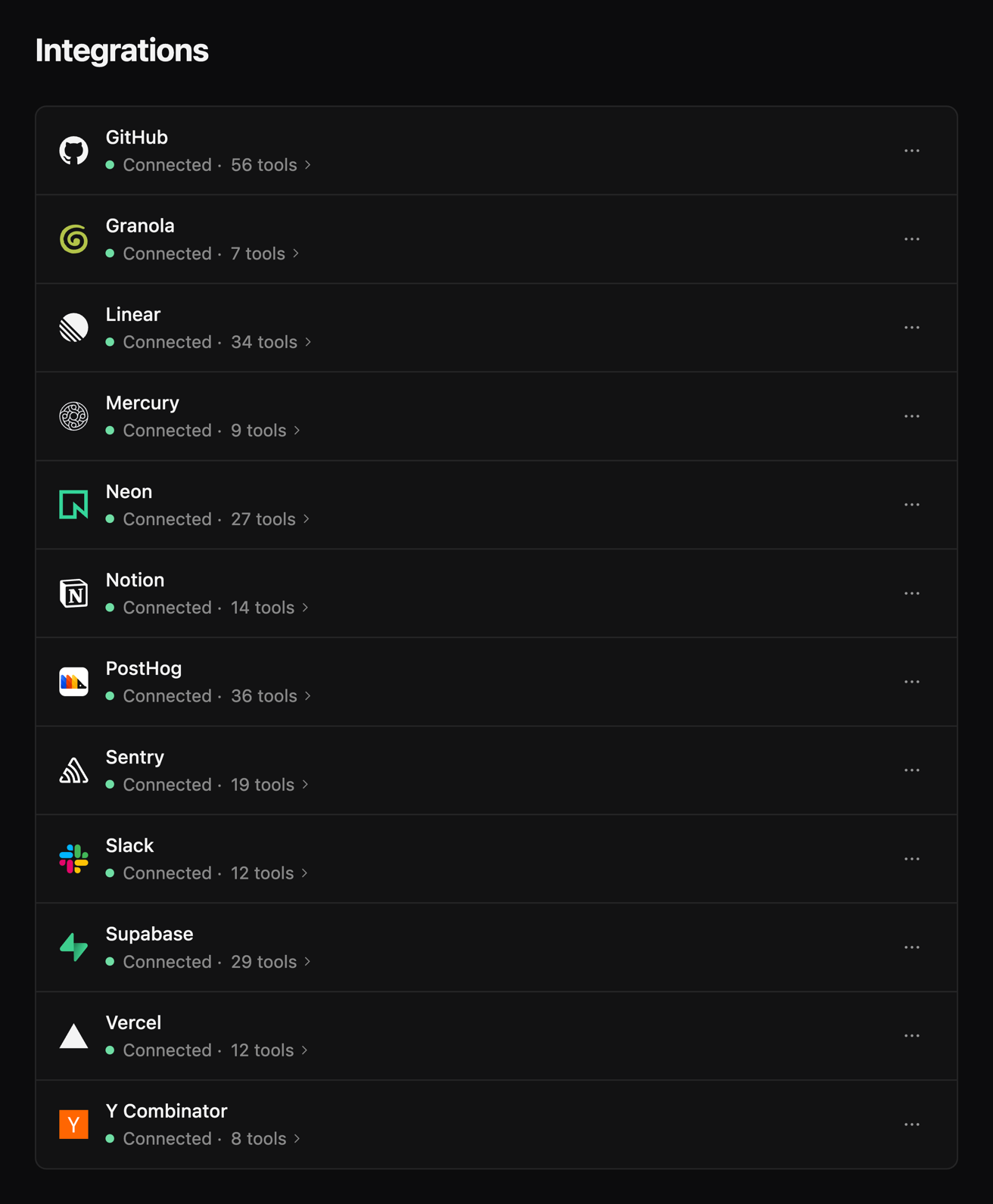 Settings › Integrations with all twelve integrations connected, from GitHub to Y Combinator, each saying how many tools its server offers.